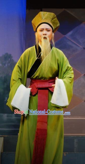 Chinese Yue Opera Elderly Male Apparels The Pearl Tower Shaoxing Opera Lao Sheng Costumes Green Robe Garment and Hat