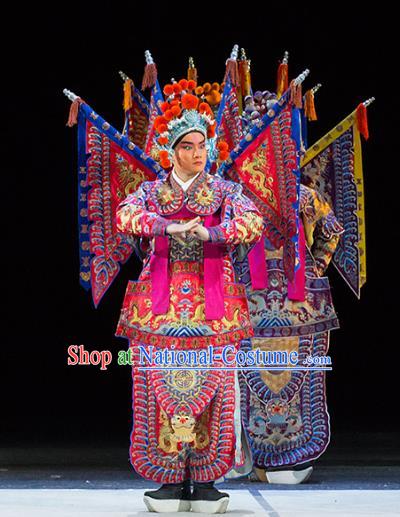 Chinese Kun Opera Young Man Military Officer Continue the Pipa Costumes and Headwear Kunqu Opera Garment Apparels General Rosy Kao Armor Suit with Flags