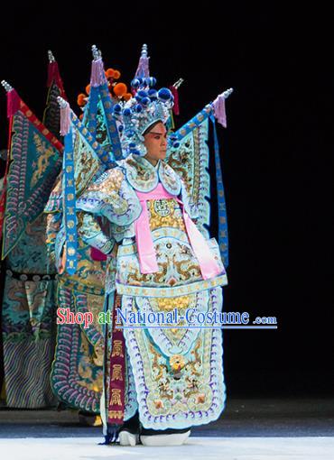 Chinese Kun Opera General Young Man Continue the Pipa Costumes and Headwear Kunqu Opera Garment Apparels Military Officer Blue Kao Armor Suit with Flags