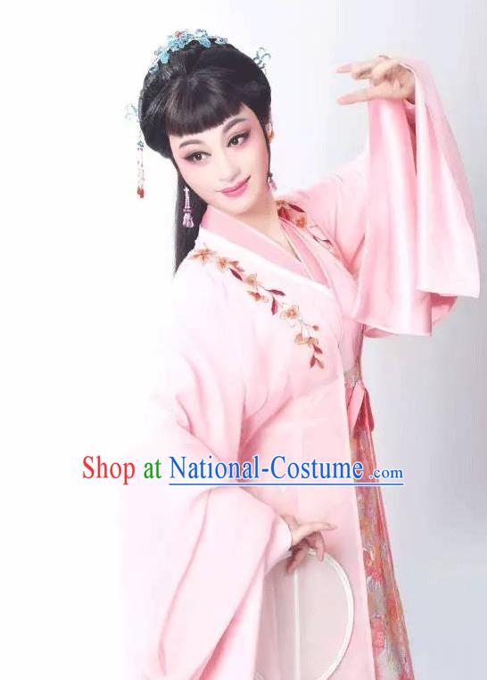 Chinese Shaoxing Opera Young Lady Costumes Zhang Yu Niang Apparels Yue Opera Hua Tan Actress Garment Pink Dress and Hair Accessories