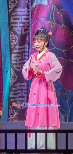 Chinese Shaoxing Opera Servant Girl Costumes The Pearl Tower Apparels Yue Opera Garment Maidservant Rosy Dress and Hair Ornaments