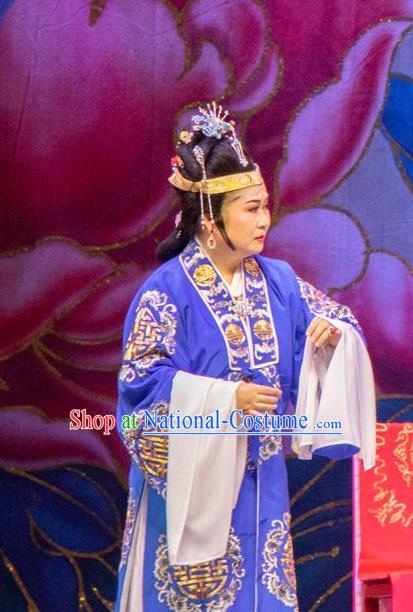 Chinese Shaoxing Opera Elderly Female Costumes The Pearl Tower Apparels Yue Opera Garment Rich Dame Blue Cape and Headdress