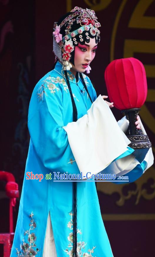 Chinese Kun Opera Actress Zhong Hua Blue Dress Costumes and Headdress Zhong Kui Jia Mei Traditional Kunqu Opera Hua Tan Garment Apparels