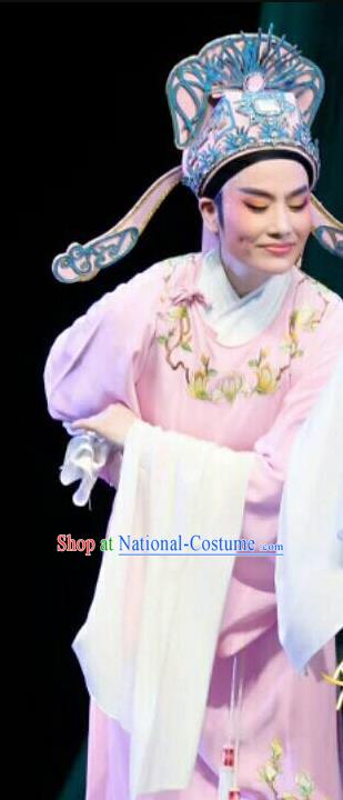 Chinese Shaoxing Opera Xiao Sheng Jiao Zhongqing Garment and Hat Yue Opera The Peacocks Fly To The Southeast Apparels Costumes Niche Pink Robe