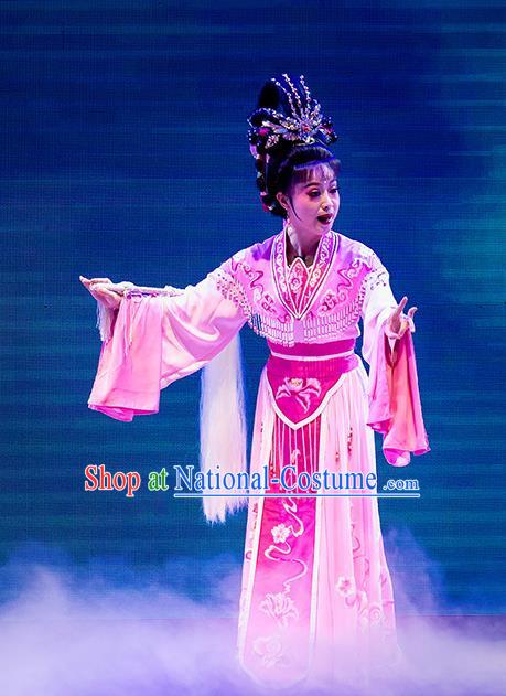 Chinese Huangmei Opera Peri Apparels Costumes and Headpieces Goddess Marriage Traditional Anhui Opera Hua Tan Pink Dress Garment