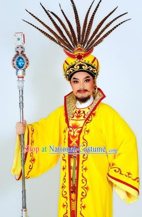 Chinese Shaoxing Opera Tribal Chief Garment Classical Yue Opera Desert Prince Apparels Young Male King Yellow Costumes and Hat