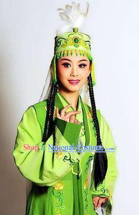 Chinese Shaoxing Opera Princess Green Dress Desert Prince Yue Opera Garment Costumes Noble Consort Apparels and Hat