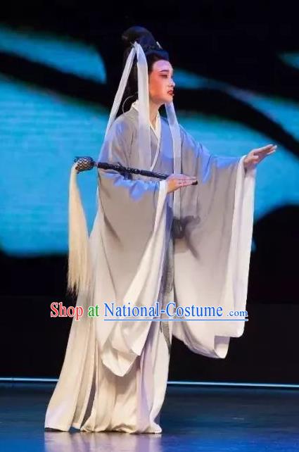 Chinese Huangmei Opera Young Female Grey Apparels Costumes and Headpieces Taibai Drunk Traditional Anhui Opera Taoist Nun Dress Garment