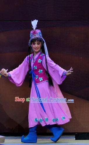 Chinese Shaoxing Opera Princess Purple Dress Desert Prince Yue Opera Garment Costumes Mongolian Lady Apparels and Headwear