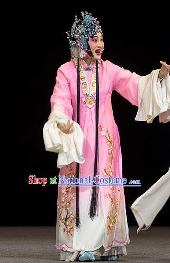 Chinese Huangmei Opera Diva Garment Costumes and Headpieces Luo Pa Ji Traditional Anhui Opera Actress Chen Saijin Pink Dress Apparels