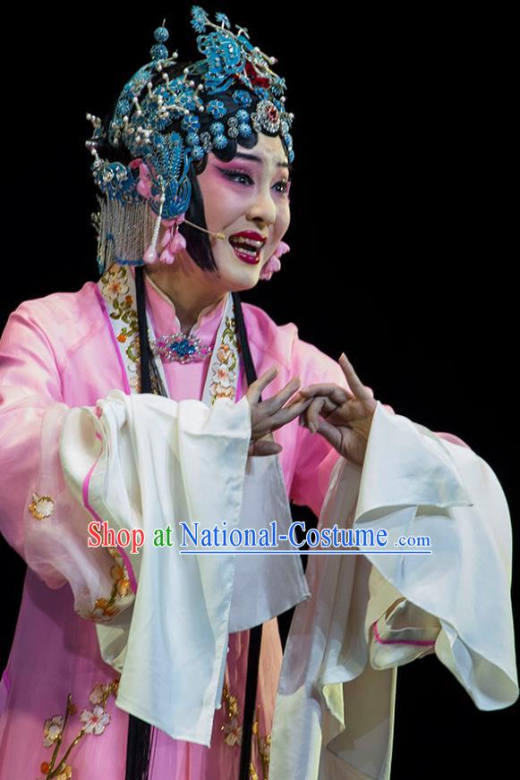 Chinese Huangmei Opera Diva Garment Costumes and Headpieces Luo Pa Ji Traditional Anhui Opera Actress Chen Saijin Pink Dress Apparels