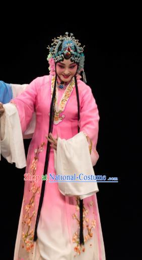 Chinese Huangmei Opera Diva Garment Costumes and Headpieces Luo Pa Ji Traditional Anhui Opera Actress Chen Saijin Pink Dress Apparels