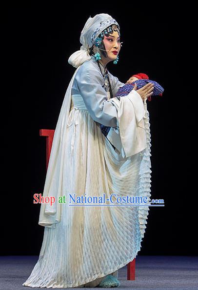 Chinese Huangmei Opera Distress Female Garment Costumes and Headdress Luo Pa Ji Traditional Anhui Opera Actress Chen Saijin Dress Apparels