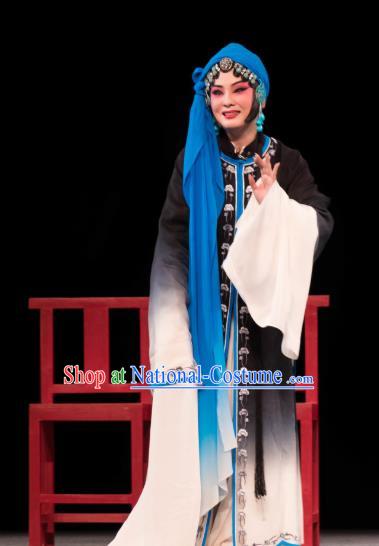 Chinese Huangmei Opera Tsing Yi Black Garment Costumes and Headdress Luo Pa Ji Traditional Anhui Opera Distress Female Dress Apparels