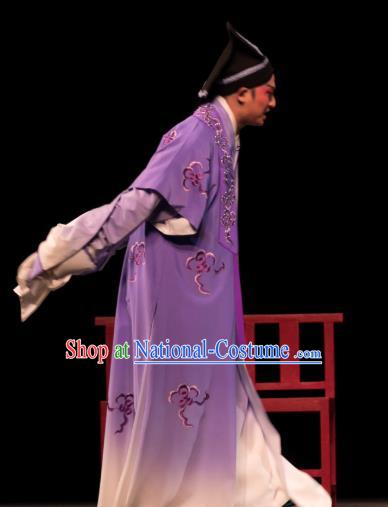 Luo Pa Ji Chinese Huangmei Opera Young Man Purple Costumes and Headwear An Hui Opera Steward Jiang Xiong Apparels Clothing