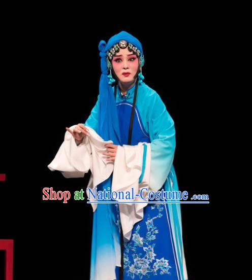 Chinese Huangmei Opera Distress Woman Garment Costumes and Headdress Luo Pa Ji Traditional Anhui Opera Actress Chen Saijin Blue Dress Apparels