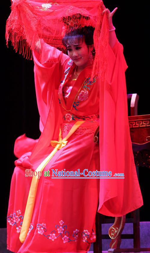 Chinese Huangmei Opera Actress Wedding Garment Costumes and Headpieces True and False Groom Traditional Anhui Opera Bride Red Dress Apparels