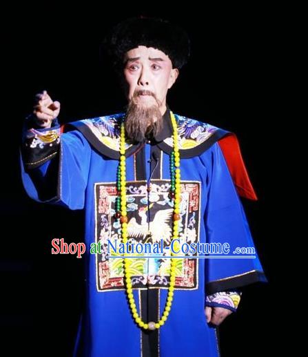 Chinese Huangmei Opera Elderly Male Costumes and Headwear An Hui Opera Tie Mian Jin Guangti Apparels Qing Dynasty Official Clothing