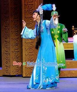 Chinese Shaoxing Opera Court Lady Blue Dress Desert Prince Yue Opera Garment Costumes Princess Consort Apparels and Headwear