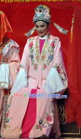 The Bridal Chamber Chinese Classical Shaoxing Opera Bridegroom Garment Yue Opera Xiao Sheng Apparels Young Male Costumes Pink Robe and Hat