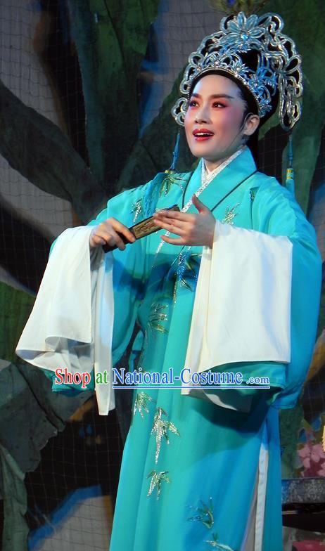 Chinese Classical Shaoxing Opera The Bridal Chamber Young Male Costumes Garment Yue Opera Apparels Xiao Sheng Embroidered Green Robe and Headwear