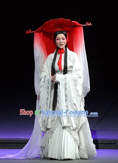 Chinese Huangmei Opera Actress White Garment Costumes and Headdress Xiao Qiao Chu Jia Traditional Anhui Opera Diva Hua Tan Dress Apparels