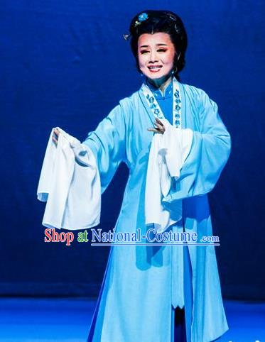 Chinese Huangmei Opera Dame Garment Costumes and Headpieces Censor Lady Traditional Anhui Opera Elderly Female Blue Dress Apparels