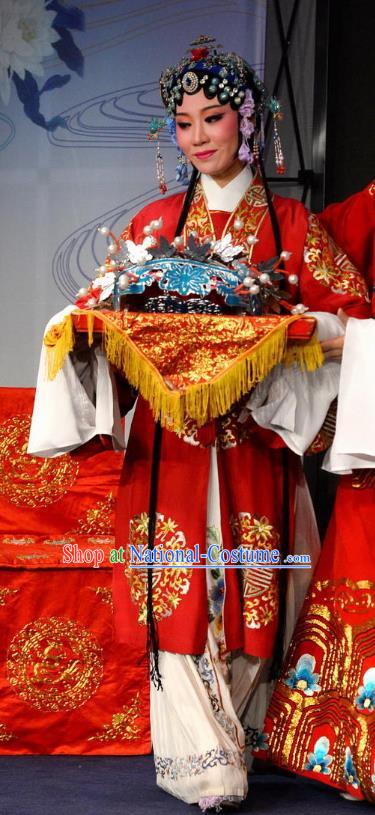 Chinese Shaoxing Opera Bride Red Dress The Jade Hairpin Yue Opera Hua Tan Costumes Apparels Actress Wedding Garment and Hair Ornaments