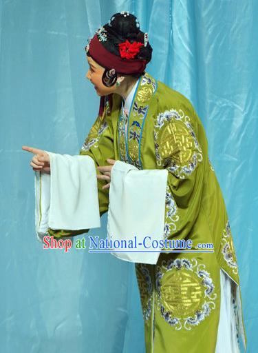 Chinese Shaoxing Opera Elderly Female Dress The Jade Hairpin Yue Opera Costumes Apparels Old Woman Green Garment and Hair Accessories