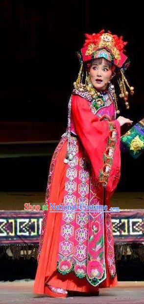 Chinese Huangmei Opera Tujia Nationality Bride Garment Costumes and Headdress Traditional Anhui Opera Actress Red Dress Apparels