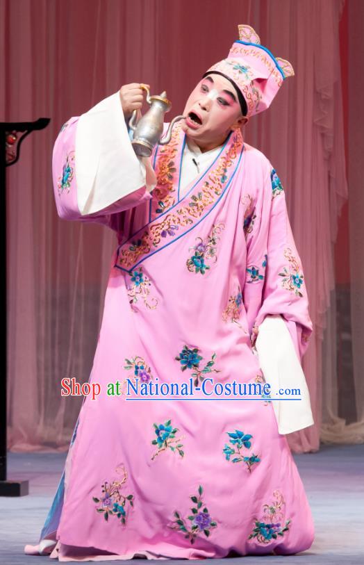 Geng Niang Chinese Ping Opera Clown Young Male Costumes and Headwear Pingju Opera Robber Wang Shiba Pink Apparels Clothing