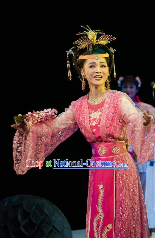 Chinese Huangmei Opera Diva Garment Costumes and Headpieces Dream of Red Mansions Traditional Anhui Opera Noble Female Rosy Dress Apparels