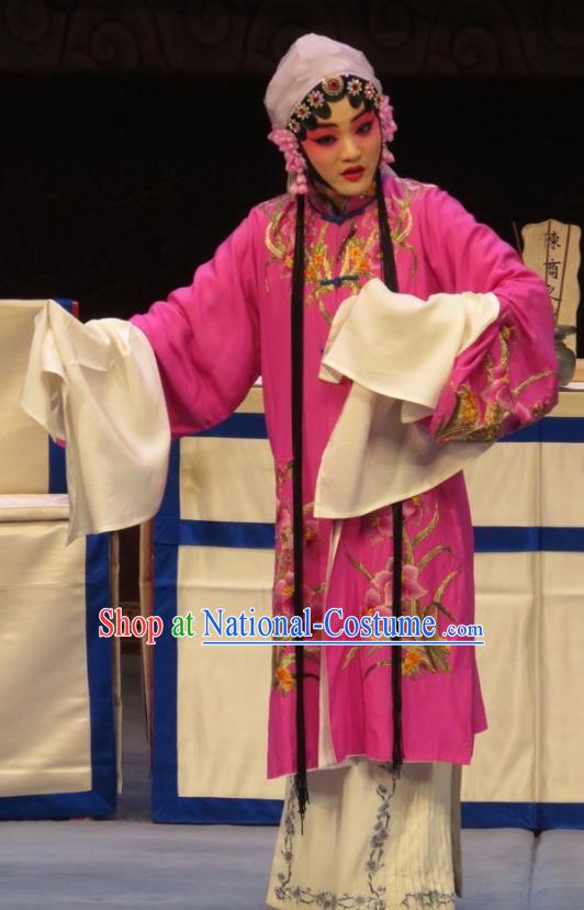 Chinese Ping Opera Hua Tan Rosy Apparels Costumes and Headdress Zhen Zhu Shan Traditional Pingju Opera Actress Wang Sanqiao Dress Garment