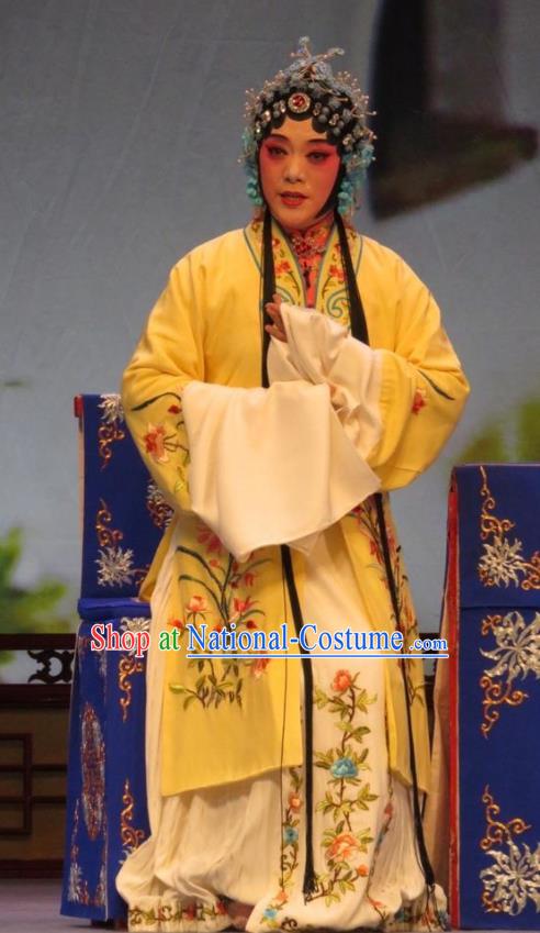 Chinese Ping Opera Diva Wang Sanqiao Apparels Costumes and Headdress Zhen Zhu Shan Traditional Pingju Opera Hua Tan Yellow Dress Garment