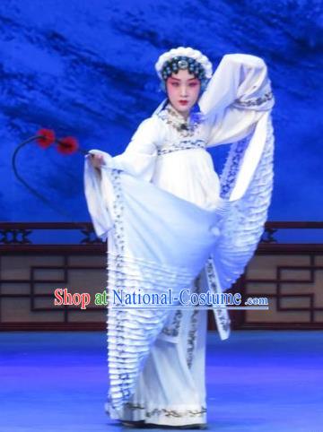 Chinese Ping Opera Widow Zhu Hen Ji Apparels Costumes and Headdress Traditional Pingju Opera Distress Maiden Zhao Jintang White Dress Garment