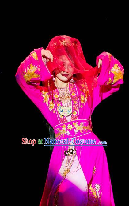 Chinese Huangmei Opera Young Lady Garment Costumes and Headpieces Traditional Anhui Opera Diva Dream of Red Mansions Xue Baochai Rosy Dress Apparels