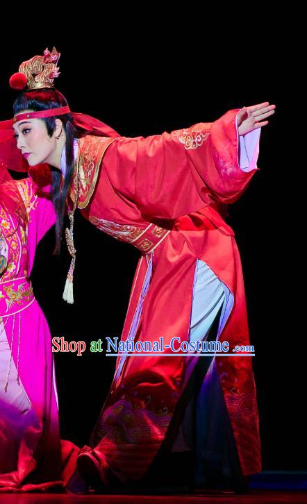 Dream of Red Mansions Chinese Huangmei Opera Niche Jia Baoyu Costumes and Headwear Chun Jiang Yue An Hui Opera Scholar Red Apparels Clothing