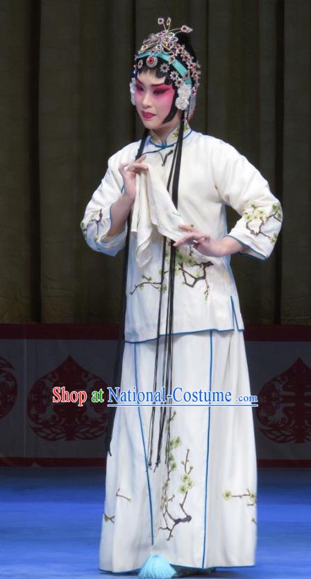 Chinese Ping Opera Hua Tan Garment Costumes and Headdress Jie Nv Qiao Pei Traditional Pingju Opera Actress Li Fengying White Dress Apparels