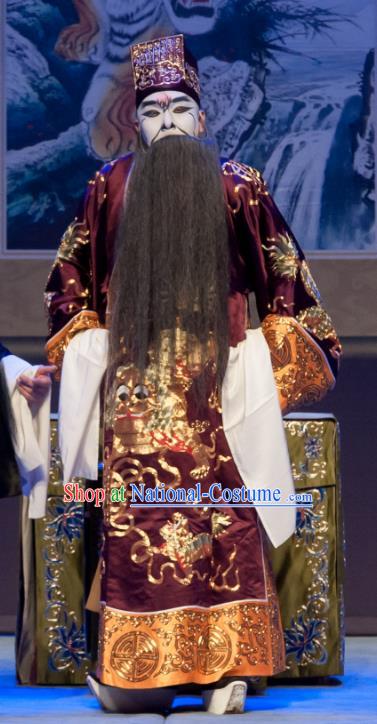 Chinese Ping Opera Treacherous Official Biao Bao Gong San Kan Butterfly Dream Costumes and Headwear Pingju Opera Laosheng Apparels Clothing