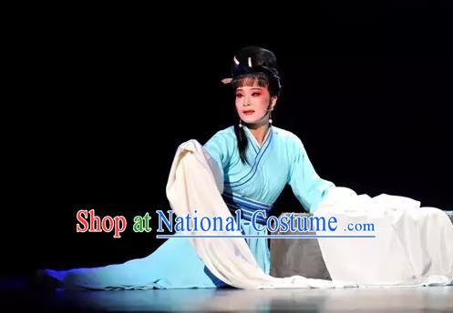 Chinese Shaoxing Opera Civilian Female The Story of Hairpin Qian Yulian Blue Dress Costumes Yue Opera Actress Apparels Garment and Hair Ornament