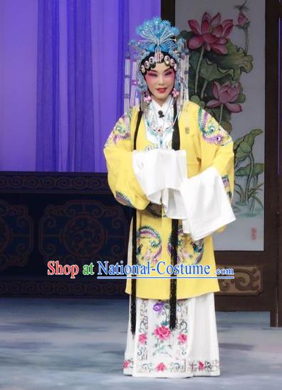 Chinese Ping Opera Noble Female Zhan Fei Costumes Apparels and Headpieces Qian Kun Belt Traditional Pingju Opera Diva Yellow Dress Garment