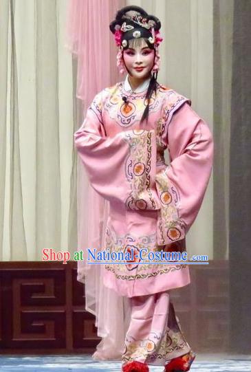 Chinese Ping Opera Xiao Dan Costumes Yu He Qiao Apparels and Headdress Traditional Pingju Opera Young Lady Pink Dress Garment