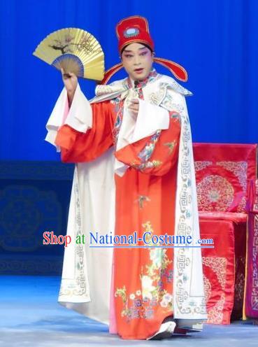 The Wrong Red Silk Chinese Ping Opera Scholar Xue Chunlin Costumes Pingju Opera Young Male Apparels Clothing and Hat