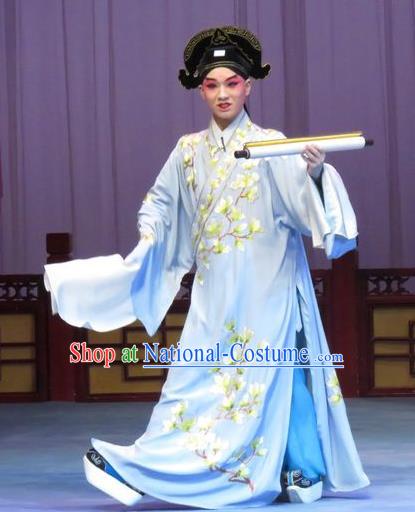 Flower a Matchmaker Chinese Ping Opera Xiaosheng Costumes Pingju Opera Young Male Apparels Scholar Wang Junqing Clothing and Hat