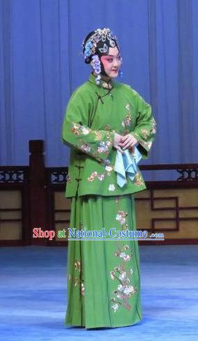 Chinese Ping Opera Young Lady Green Flower a Matchmaker Costumes and Headdress Traditional Pingju Opera Xiandan Dress Garment Apparels