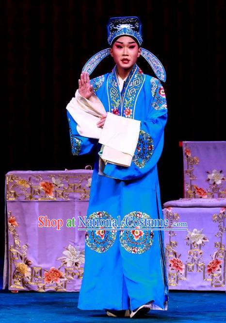 Nao Yan Fu Chinese Ping Opera Costumes and Headwear Pingju Opera Xiaosheng Apparels Clothing Scholar Zeng Rong Blue Robe