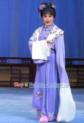 Chinese Ping Opera Young Lady Apparels Costumes and Headdress Yuan Yang Pu Traditional Pingju Opera Huadan Purple Dress Garment