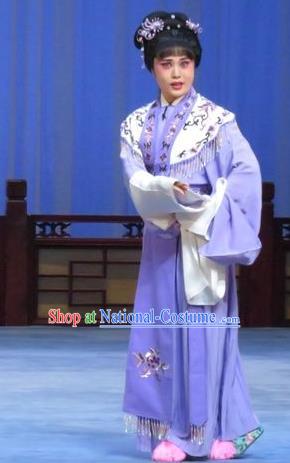 Chinese Ping Opera Young Lady Apparels Costumes and Headdress Yuan Yang Pu Traditional Pingju Opera Huadan Purple Dress Garment