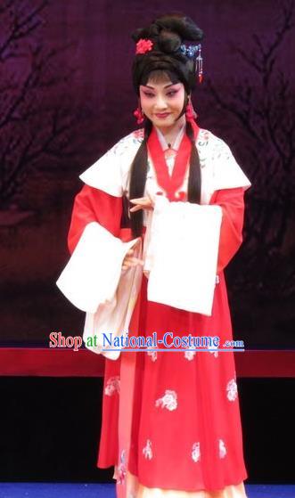 Chinese Ping Opera Xiaodan Apparels Costumes and Headpieces The Five Female Worshipers Traditional Pingju Opera Young Lady Cui Yun Red Dress Garment