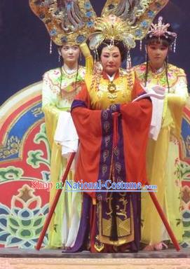 Chinese Ping Opera Goddess Queen Apparels Costumes and Headdress Legend of Love Traditional Pingju Opera Queen Mother Dress Garment